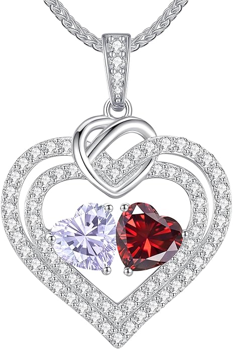 LOUISA SECRET Sparkling Double Heart Birthstone Necklaces for Women, 925 Sterling Silver Fine Jewelry, Pendant Heart Necklaces Birthday Anniversary Christmas Gift for Women Wife Mom Girlfriend Lady
