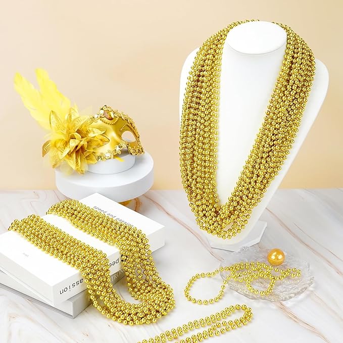 YAXINRUI 24 PCS Gold Mardi Gras Beads, Gold Bead Necklaces, Christmas Bead Necklaces, 33 Inch Round Beaded Necklaces for Mardi Gras Party Christmas New Year Eve Festive Events, Party Favors