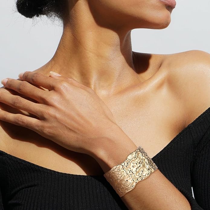 HZMAN 18K Gold Plated Wide Cuff Bracelet for Women - Premium Alloy Shiny Polished Double Layer Statement Bangle, Trendy Daily Wear Party Jewelry Accessory