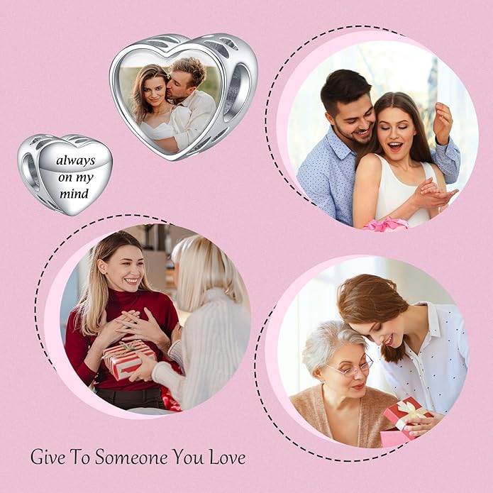 Annmors Personalized Photo Charms For Bracelets/Necklace 925 Sterling Silver Love Heart Shaped Engraved Customize Picture Gift for Birthday Mother's Day,Bead Charms Jewelry for Women