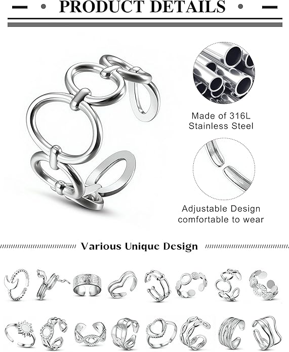 LOLIAS 16Pcs Stackable Stainless Steel Rings for Women Chunky Silver Rings Non Tarnish Ring Open Adjustable Thumb Finger Statement Ring Set