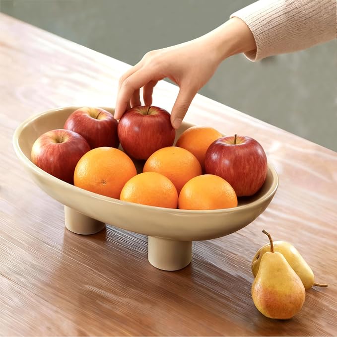Three-Leg Ceramic Fruit Bowl, 12 Inch Oval Serving Dish - Image 2