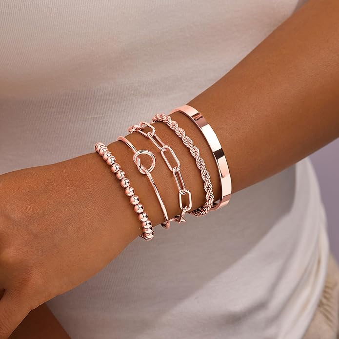 Gold Bracelets Set for Women Non Tarnish, 14K Gold Plated Sterling Silver Chunky Cuff Bracelet Stackable Gold Bangles Bracelet for Women Trendy Fashion Accessories Tie Knot Cuban Rope Paperclip Beaded Bracelet Stack Jewelry Valentines Day Gifts