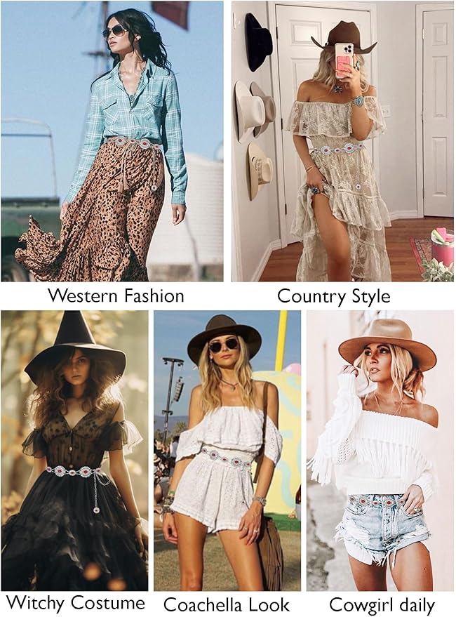 FIORETTO Metal Waist Chain Link Belt for Women Western Cowgirl Boho Turquoise Belts for Dress Jeans Country Concert Outfit