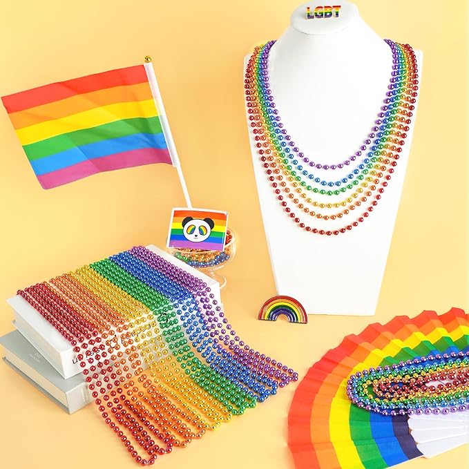 100PCS Pride Beads Necklaces Bulk, 33" 7mm Pride Beads Stuff, LGBTQ Metallic Rainbow Beaded Necklace, Pride Accessories for Women Men Parade Throw, Gay Lesbian Pride Month Party Favors (6 Colors)