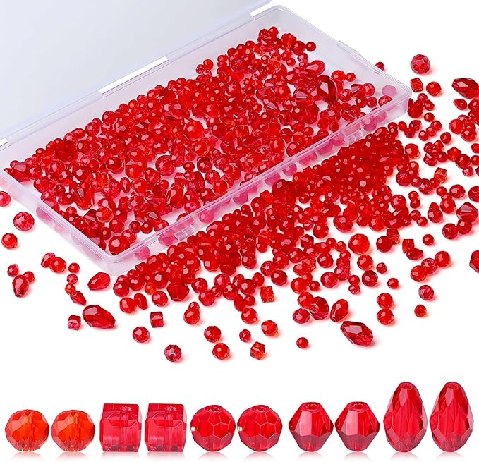 LAIDANLA 800PCS Glass Beads Red Color Crystal Beads Assorted Crystal Beads with Container Box for DIY Necklace Bracelet Earring Jewelry Making
