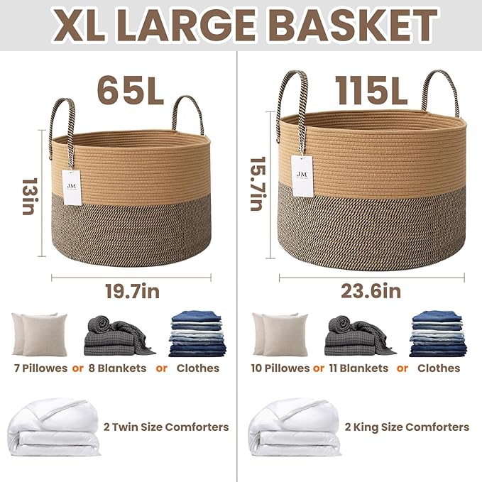 JMvicyroam 115L Extra Large Machine Washable Cotton Rope Blanket Basket | - Image 3