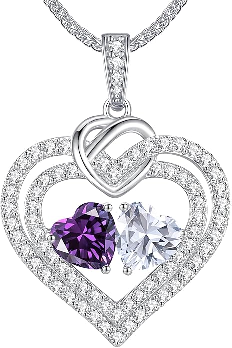 LOUISA SECRET Sparkling Double Heart Birthstone Necklaces for Women, 925 Sterling Silver Fine Jewelry, Pendant Heart Necklaces Birthday Anniversary Christmas Gift for Women Wife Mom Girlfriend Lady