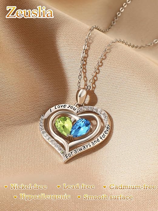 Valentine's Day Gifts for Wife 925 Sterling Silver Double Birthstone Pendant Necklaces I Love You for Always and Forever Necklace Anniversary Birthday Gifts for Wife Girlfriend Mom Her