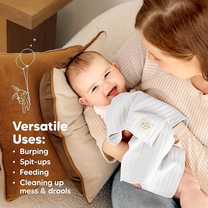 KeaBabies Organic Cotton Burp Cloths Baby Girl, Boy - 6-Pack Large Burping Clothes for Babies, Spit Up Rags, Super Soft & Absorbent Newborn Wash Towels, Gender Neutral, Non-Shrink (Stria, Granite)