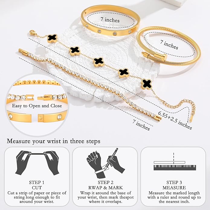 18K Gold Plated Bangle Bracelets Stack for Women,Four Leaf Clover Stackable Bracelets Non Tarnish,4 Pcs Jewelry sets Gifts