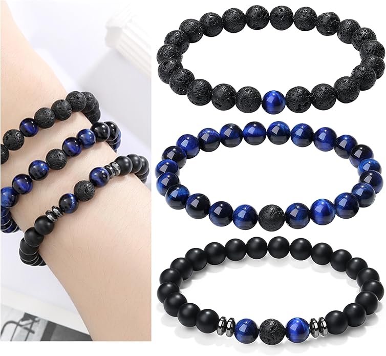 XIANNVXI Natural Stone Beads Bracelet for Men Crystal Bracelets 8MM Tiger Eye Lava Rock Obsidian Beaded Bracelet Set Black/Red/Blue Crystal Beaded Bracelets for Men