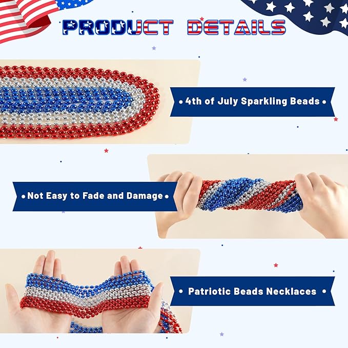 SHAOQINLIN 100 PCS Patriotic Bead Necklaces, 4th of July Oval Beads Necklaces Bulk 4th of July Accessories 30.5 Inch Metallic Red/Silver/Blue Beaded Necklace for Patriotic Day, Carnival Party Favor