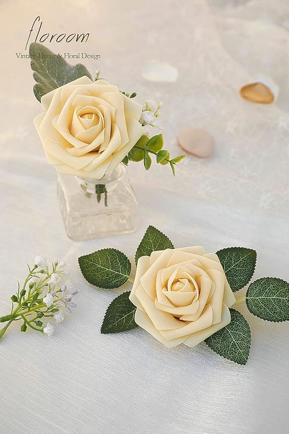 Artificial Flowers 25pcs Real Looking Creamy Yellow Foam Fake Roses - Image 5