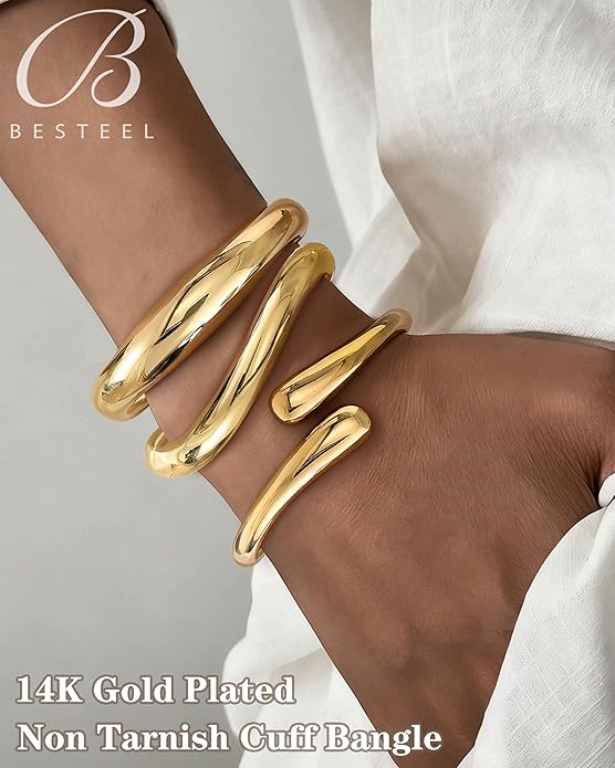 Chunky Bangle Bracelets for Women, Dainty 14k Gold Plated Big Stackable Bangles Set, Trendy Statement Women's Cuff Bracelet Stack Waterproof Chunky Bracelets Jewelry Gifts