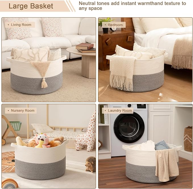 OIAHOMY Large Blanket Basket for Living Room, 19.7" x 12.6" Woven Cotton Rope - Image 5