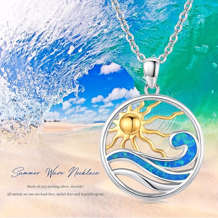 Midir&Etain Ocean Necklace 925 Sterling Silver Blue Opal Necklace Starfish/Flip Flop/Shark Pendant Beach Ocean Jewelry for Women