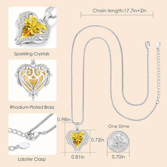 CDE Valentines Day Gifts for Women Angel Wings Necklace for Women with Birthstone, Love Heart Silver Tone/Gold Tone Pendant, Ideal Anniversary or Birthday Jewelry Gifts for Wife Girlfriend Her