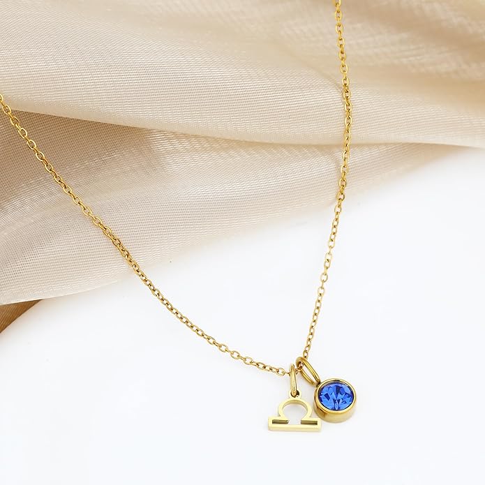 MISS RIGHT Initial Birthstone Necklace for Women - Personalized Gifts Birthday Gifts for Women Stainless Steel 18K Gold Plated Dainty Gold Zodiac Sign 12 Constellation Horoscope Necklace Jewelry