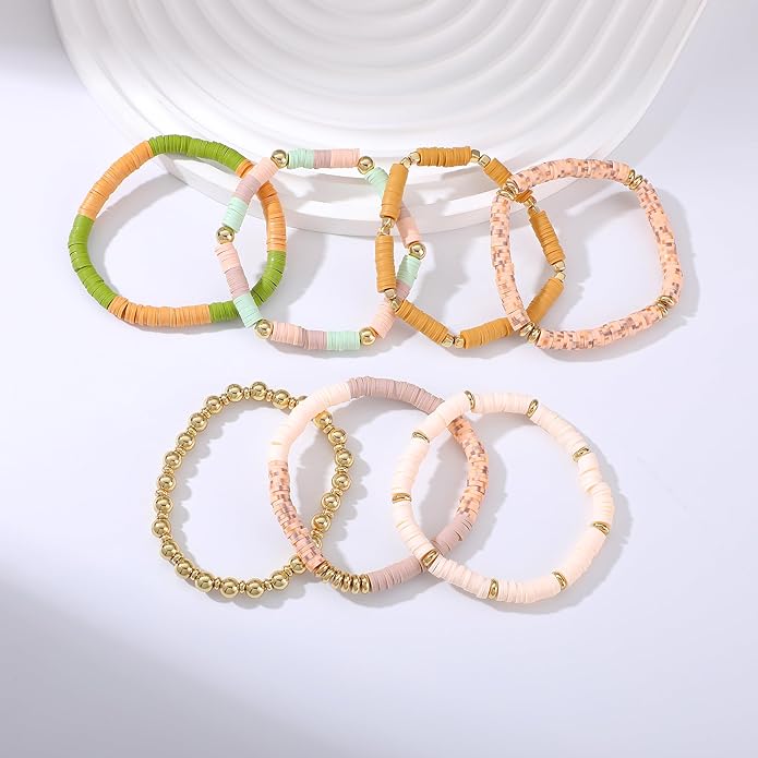 Heishi Beaded Stretch Bracelets for Women Stackable Polymer Clay Beads Bracelets Friendship Boho Summer Beach Bracelet Jewelry Set
