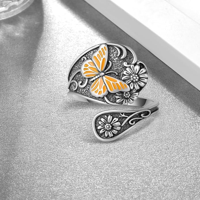 Spoon Rings for Women 925 Sterling Silver Hummingbird/Butterfly/Bee/Red Cardinal/Pink Flamingo Adjustable Thumb Rings Vintage Boho Antique Jewelry Gifts