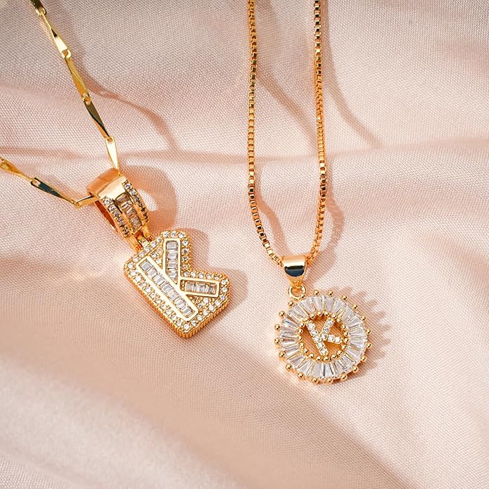 Letter Necklace 14k Gold Plated Bling Dainty Necklaces Trendy Chunky Custom Name Necklace Personalized Round Circle Pendant Zirconia Letters Name Crystal Jewelry Gifts for Women