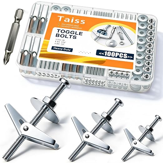 Taiss 100Pcs Toggle Bolts 1/8" 3/16" 1/4" 3 Sizes Heavy Duty Hollow Wall Anchors by TAISS