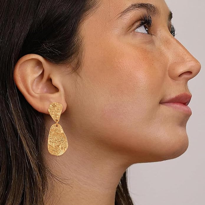 Chunky Gold Earrings for Women - Hammered Gold Plated Dangle Drop Jewelry Gifts