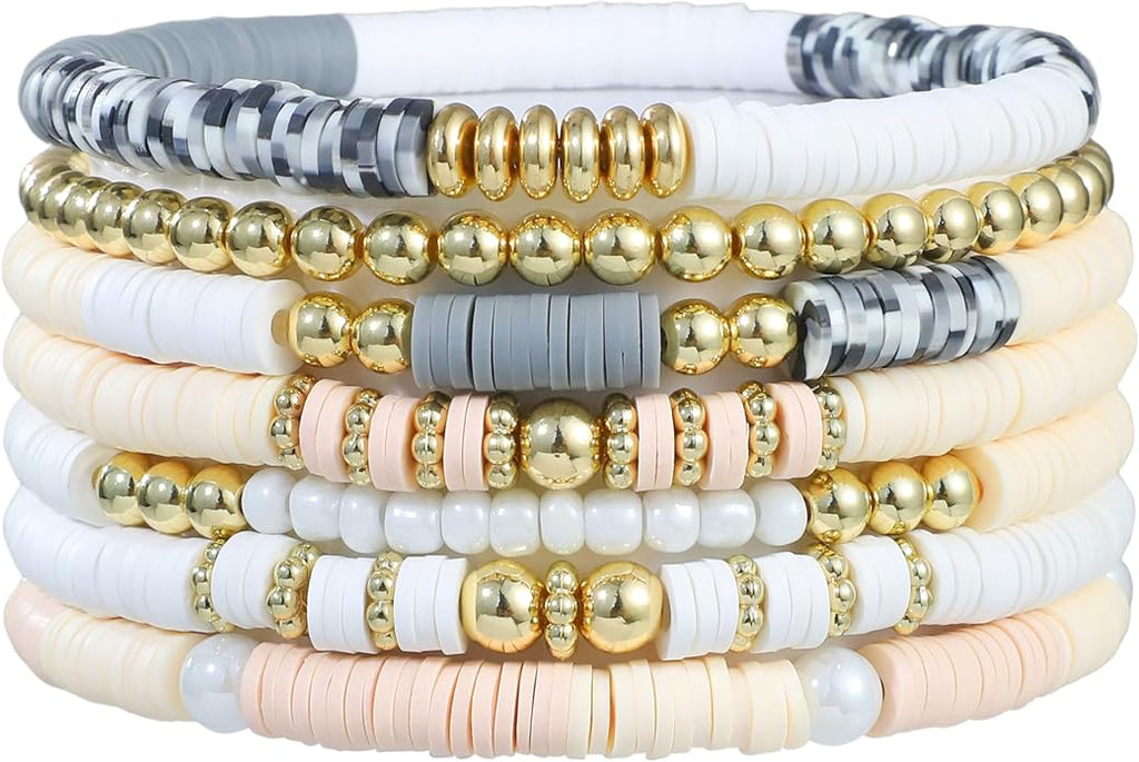 Heishi Beaded Stretch Bracelets for Women Stackable Polymer Clay Beads Bracelets Friendship Boho Summer Beach Bracelet Jewelry Set