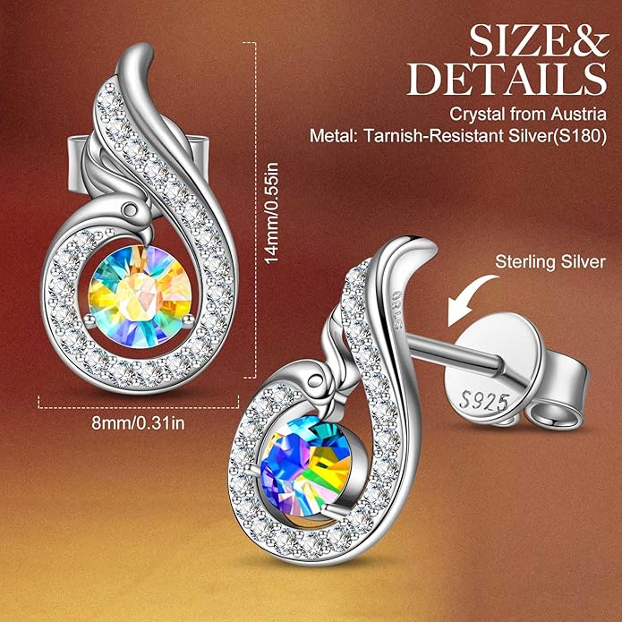 Kate Lynn "Rise From the Ashes" Sterling Silver Phoenix Earrings, Stud Earrings with Crystals from Austria, Packaged with Jewelry Box, Birthday Gifts for Women, Symbol of Luck and Renewal