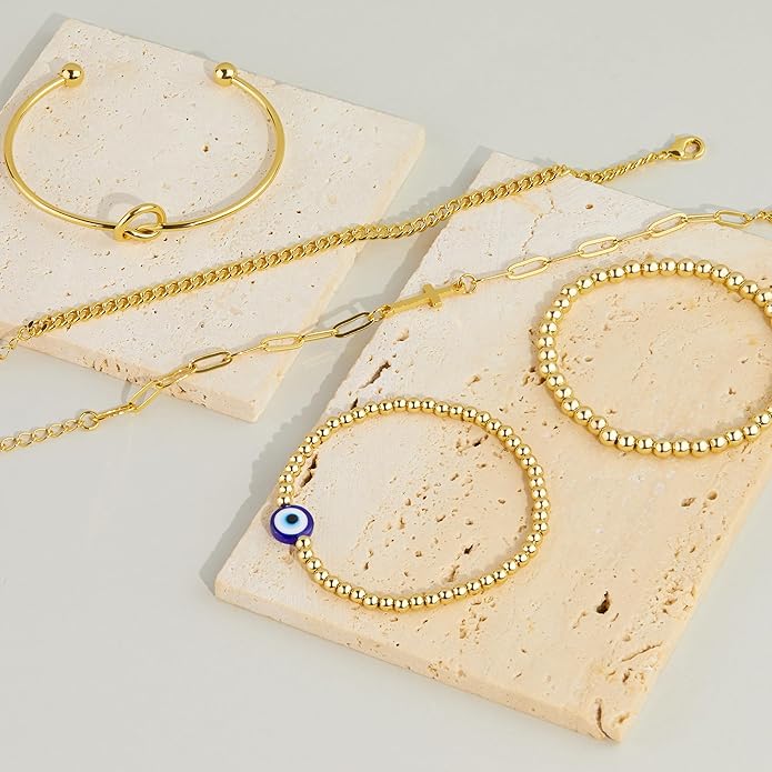 Gold Bracelets Set for Women Stack, Dainty Thick Bracelets Stack for Women Trendy, Simple Thin Gold Plated Cuff Stackable Bracelets With Beaded Cuban Paperclip Snake Rope Bangle Hand Chain Jewelry Gifts for Women Non Tainish