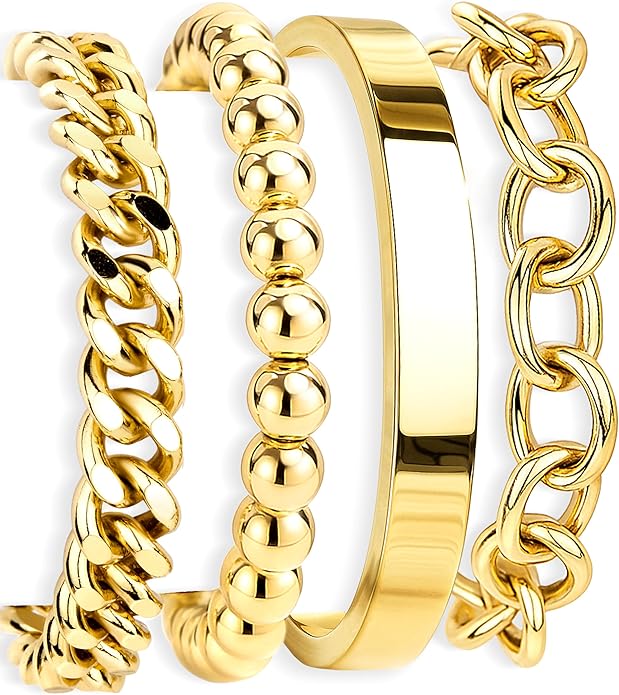Gold Bracelets Set for Women Stack, Dainty Thick Bracelets Stack for Women Trendy, Simple Thin Gold Plated Cuff Stackable Bracelets With Beaded Cuban Paperclip Snake Rope Bangle Hand Chain Jewelry Gifts for Women Non Tainish
