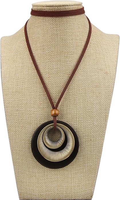Boho Necklaces for Women Chunky Circle Necklace Layered Boho Circle Leather Choker Necklace Long Vintage Necklaces Bohemian Jewlery Gifts