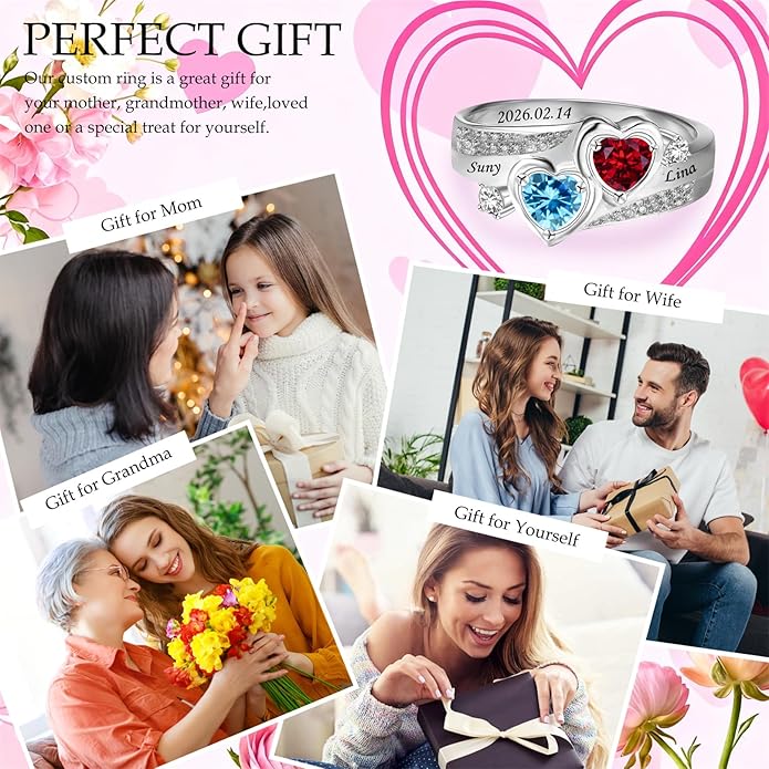 Personalized Heart Birthstone Rings for Women with 2 Birthstones Custom Name Rings for Couple Mother Daughter Jewelry Gift for Mother Her Christmas