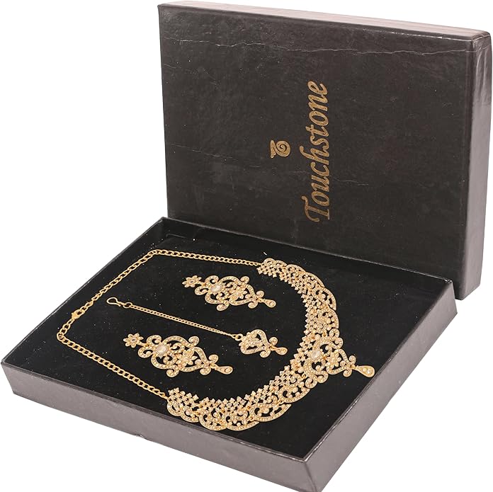 Touchstone Indian jewelry set for women bollywood gold jewellery wedding outfits necklace sets earrings bridal maang tikka fancy costume girls big desi accessories rhinestone in gold or silver tone