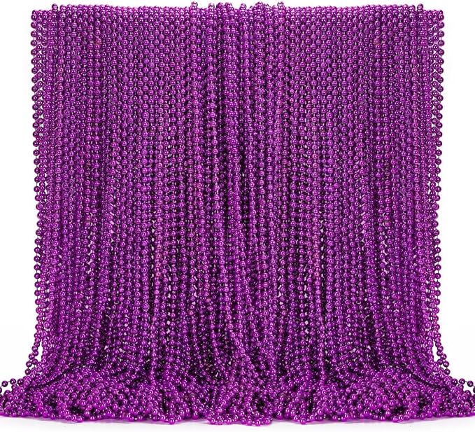 144PCS Mardi Gras Beads, Purple Bead Necklace Party Favors, 33" Beaded Necklace Costume Bulk, Festival Parade Throw Accessories for Halloween Mardi Gras Wedding Birthday Celebrations Decorations
