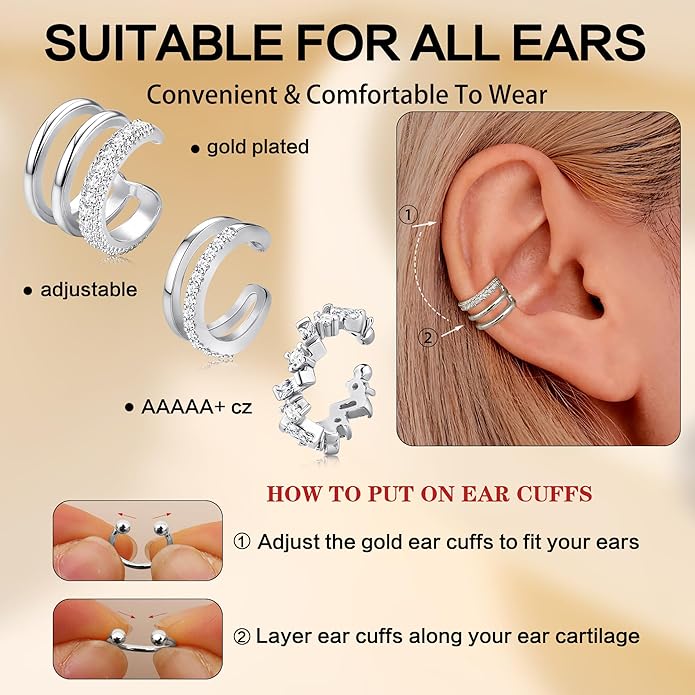 Dochais Ear Cuffs Non-Piercing Earrings for Women Cute Small Clip-On Cartilage Earring 14k Gold Plated Dainty Fake Piercings Earings