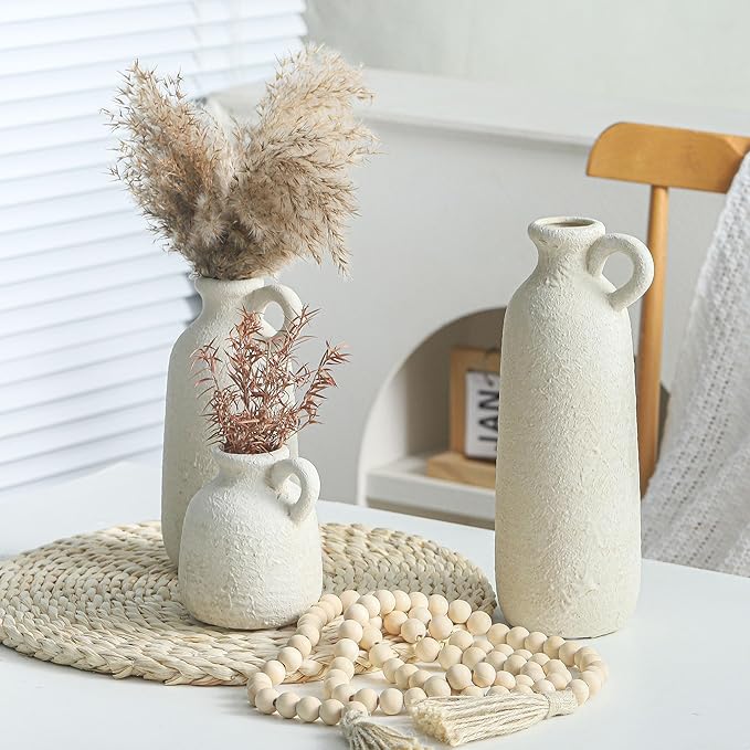 Ceramic Vase Set of 3 with Handle, Neutral Rustic Vases Home Decor Farmhouse - Image 5