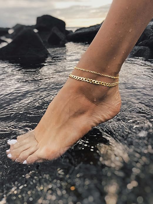 DEARMAY Dainty 14K Gold Plated Ankle Bracelets for Women, Waterproof 14K Gold Plated Link Chain Anklets Non Tarnish Set Pack Summer Beach Jewelry Gift