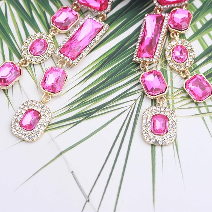 Vintage Rectangle Teardrop Chandelier Earrings, Art Deco Wedding Austrian Crystal Drop Dangle Earrings for Women Party Prom