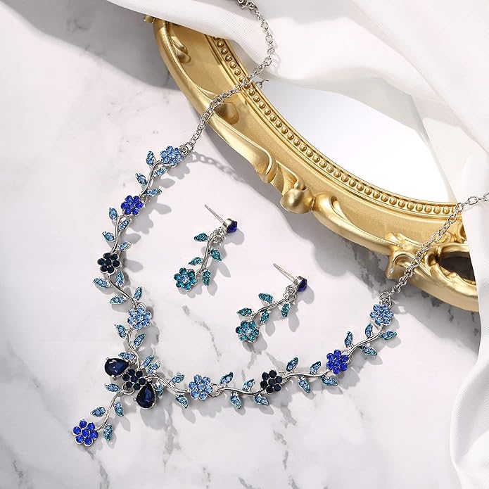 BriLove Women's Wedding Jewelry Leaf Cluster Flower Crystal Dangle Earrings Pendant Necklace Set for Bridal