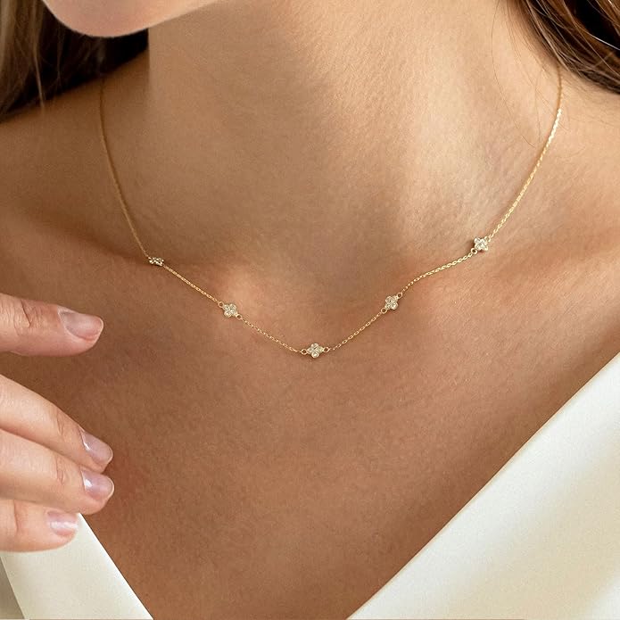 VRIUA Necklaces for Women - 14K Gold/Silver Plated Dainty Chain Necklace with Five Charms: Diamond, Bow, Snowflake, Cross, Flower, Clover, Butterfly, Heart, Star of David, and Star Trendy Jewelry