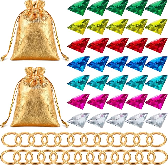 Chalyna 60 Pcs Acrylic Diamond Gem Jewelry Alloy Gold Round Ring Set Halloween Party Favor Pirate Treasure Hunting Cake Decor with Gift Bag for Birthday (Bright Style)