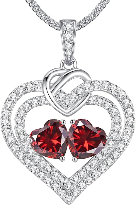 LOUISA SECRET Sparkling Double Heart Birthstone Necklaces for Women, 925 Sterling Silver Fine Jewelry, Pendant Heart Necklaces Birthday Anniversary Christmas Gift for Women Wife Mom Girlfriend Lady