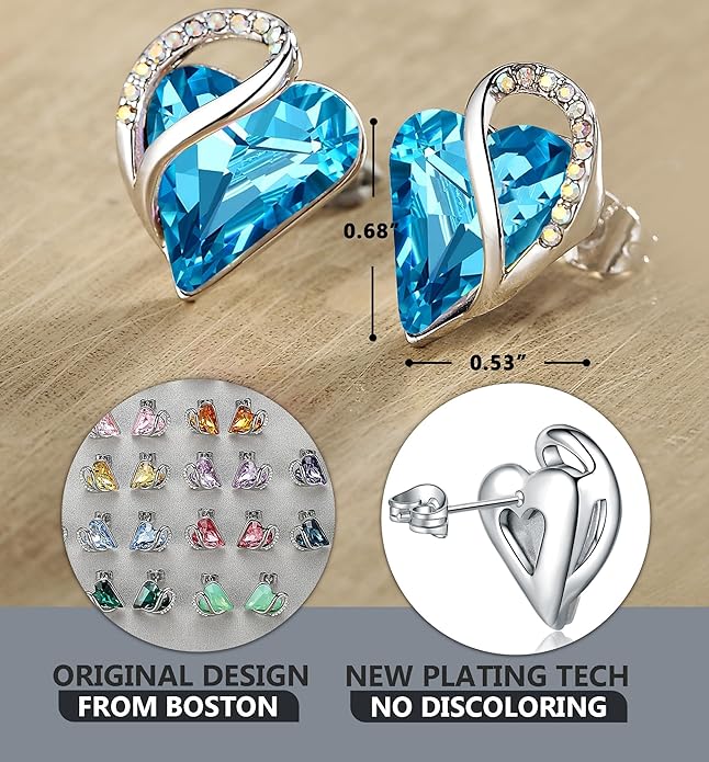 Leafael Infinity love Heart Birthstone Stud Earrings for Women, Valentine's Day Gifts for Mom, Wife, and Her, Silver Plated Birthday Jewelry