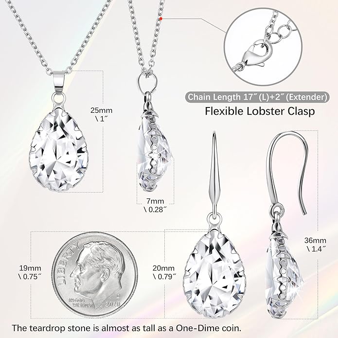 Linawe Crystal Jewelry Sets for Women, Imitation Diamond Pendant Necklace, Rhinestone Drop Dangle Earrings, Birthstone Cubic Zirconia Matching Wedding Jewelry, 14K Gold/Rose Gold/Silver Tones