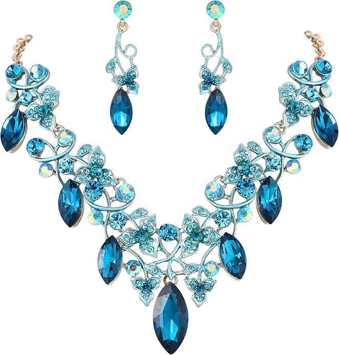 BriLove Women's Costume Fashion Crystal Floral Vine Leaf Statement Necklace Dangle Earrings Set