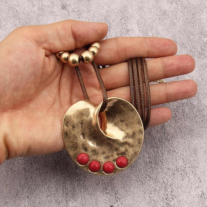 Boho Necklaces for Women Chunky Circle Necklace Layered Boho Circle Leather Choker Necklace Long Vintage Necklaces Bohemian Jewlery Gifts