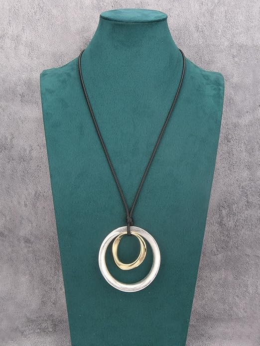 Boho Leather Necklace Women Bohemian Brown Circle Pendant Necklace Choker Long Necklaces for Women Boho Ring Large Pendant