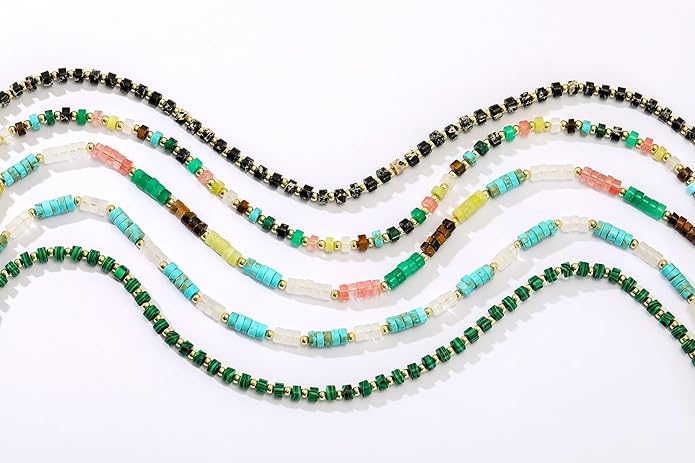 Beaded Necklace for Women, Colorful Boho Beach Handmade Bead Choker, 14K Gold Plated Stackable Bohemian Multicolor Natural Stone Necklace